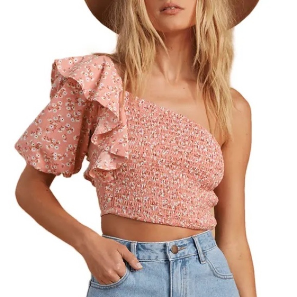 Billabong X The Salty Blonde Shine On One-shoulder Crop Top In Peach